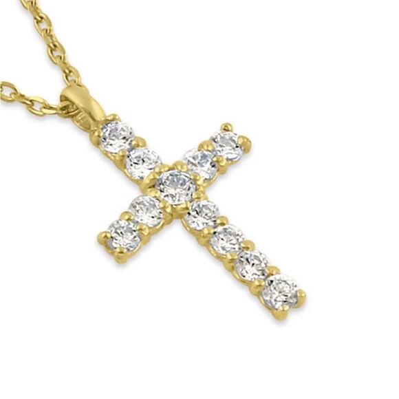 New Solid 14K Gold Cross with Clear CZ Necklace - Picture 1 of 5